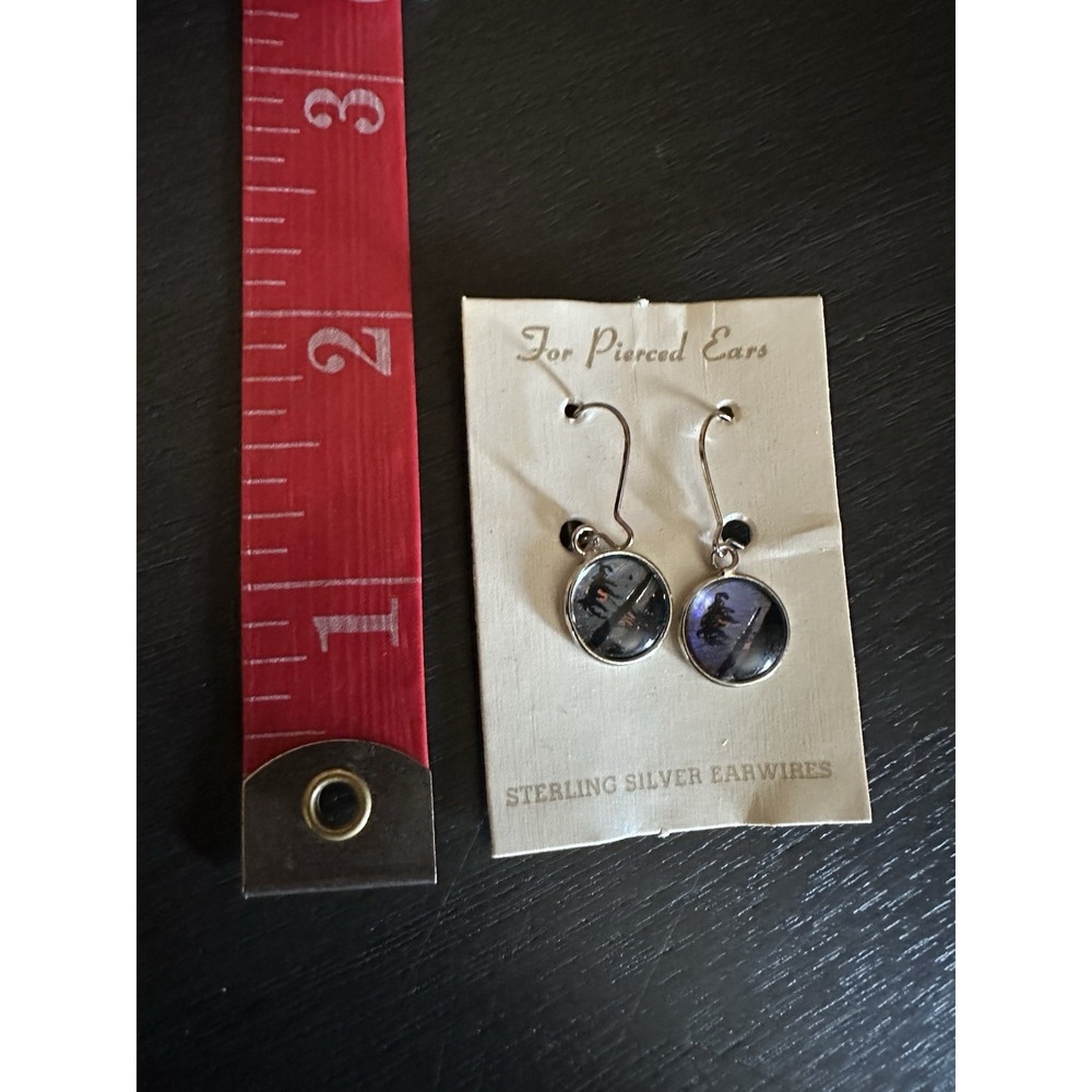 Vintage Morpho Butterfly Wing Sterling Silver Ear Hooks, New Old Stock Earrings - Picture 6 of 7